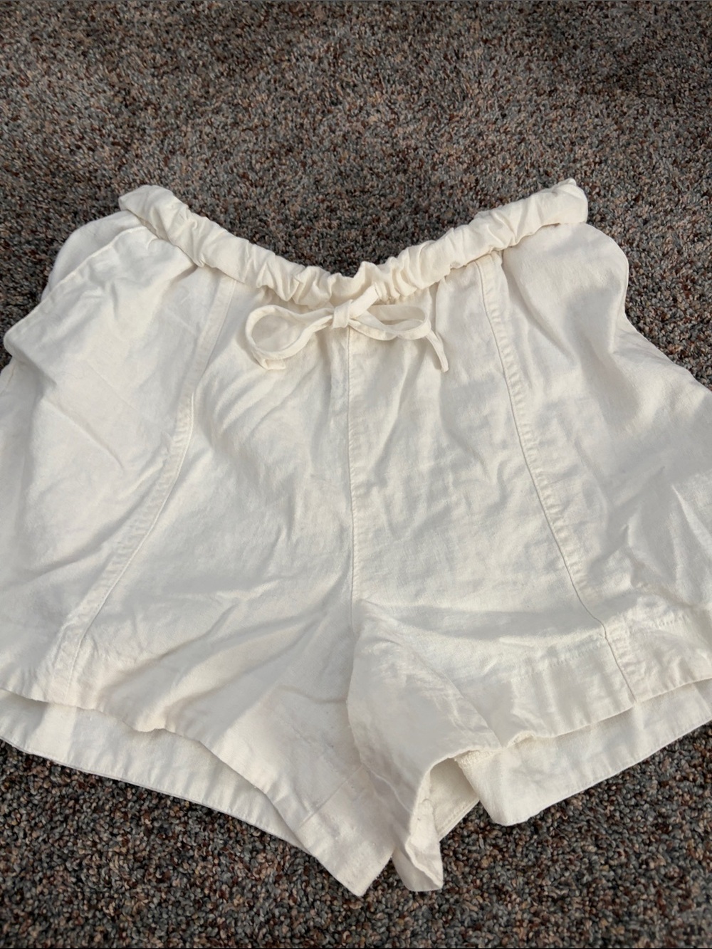 White Drawstring Waist  Linen-Blend Shorts w/Pockets